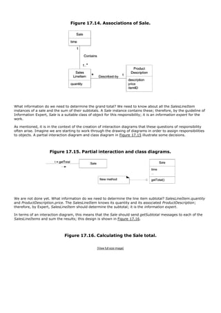 Figure 17.14. Associations of Sale.




What information do we need to determine the grand total? We need to know about all the SalesLineItem
instances of a sale and the sum of their subtotals. A Sale instance contains these; therefore, by the guideline of
Information Expert, Sale is a suitable class of object for this responsibility; it is an information expert for the
work.

As mentioned, it is in the context of the creation of interaction diagrams that these questions of responsibility
often arise. Imagine we are starting to work through the drawing of diagrams in order to assign responsibilities
to objects. A partial interaction diagram and class diagram in Figure 17.15 illustrate some decisions.



                     Figure 17.15. Partial interaction and class diagrams.




We are not done yet. What information do we need to determine the line item subtotal? SalesLineItem.quantity
and ProductDescription.price. The SalesLineItem knows its quantity and its associated ProductDescription;
therefore, by Expert, SalesLineItem should determine the subtotal; it is the information expert.

In terms of an interaction diagram, this means that the Sale should send getSubtotal messages to each of the
SalesLineItems and sum the results; this design is shown in Figure 17.16.



                              Figure 17.16. Calculating the Sale total.

                                                  [View full size image]
 