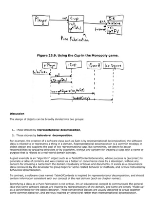Figure 25.9. Using the Cup in the Monopoly game.




Discussion

The design of objects can be broadly divided into two groups:



 1. Those chosen by representational decomposition.

 2. Those chosen by behavioral decomposition.

For example, the creation of a software class such as Sale is by representational decomposition; the software
class is related to or represents a thing in a domain. Representational decomposition is a common strategy in
object design and supports the goal of low representational gap. But sometimes, we desire to assign
responsibilities by grouping behaviors or by algorithm, without any concern for creating a class with a name or
purpose that is related to a real-world domain concept.

A good example is an "algorithm" object such as a TableOfContentsGenerator, whose purpose is (surprise!) to
generate a table of contents and was created as a helper or convenience class by a developer, without any
concern for choosing a name from the domain vocabulary of books and documents. It exists as a convenience
class conceived by the developer to group together some related behavior or methods, and is thus motivated by
behavioral decomposition.

To contrast, a software class named TableOfContents is inspired by representational decomposition, and should
contain information consistent with our concept of the real domain (such as chapter names).

Identifying a class as a Pure Fabrication is not critical. It's an educational concept to communicate the general
idea that some software classes are inspired by representations of the domain, and some are simply "made up"
as a convenience for the object designer. These convenience classes are usually designed to group together
some common behavior, and are thus inspired by behavioral rather than representational decomposition.
 