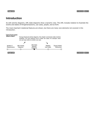 Introduction
As with activity diagrams, UML state diagrams show a dynamic view. The UML includes notation to illustrate the
events and states of thingstransactions, use cases, people, and so forth.

The most important notational features are shown, but there are many rare elements not covered in this
introduction.


[View full size image]
 