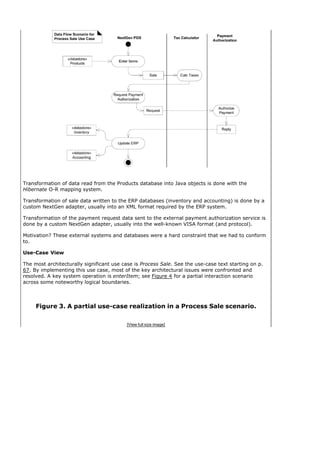 Transformation of data read from the Products database into Java objects is done with the
Hibernate O-R mapping system.

Transformation of sale data written to the ERP databases (inventory and accounting) is done by a
custom NextGen adapter, usually into an XML format required by the ERP system.

Transformation of the payment request data sent to the external payment authorization service is
done by a custom NextGen adapter, usually into the well-known VISA format (and protocol).

Motivation? These external systems and databases were a hard constraint that we had to conform
to.

Use-Case View

The most architecturally significant use case is Process Sale. See the use-case text starting on p.
67. By implementing this use case, most of the key architectural issues were confronted and
resolved. A key system operation is enterItem; see Figure 4 for a partial interaction scenario
across some noteworthy logical boundaries.



     Figure 3. A partial use-case realization in a Process Sale scenario.

                                          [View full size image]
 