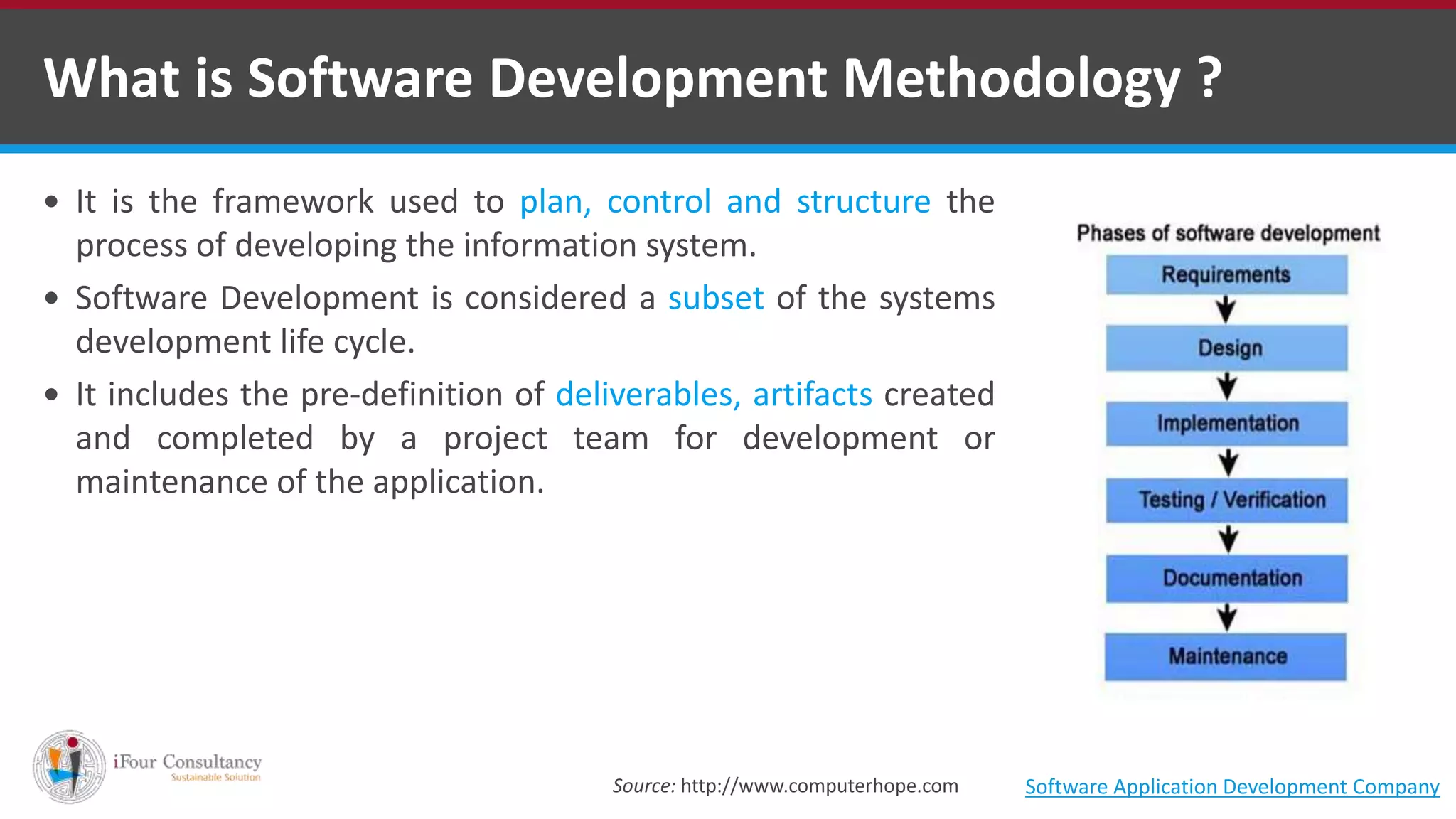 What is Software Development Methodology ?
 It is the framework used to plan, control and structure the
process of developing the information system.
 Software Development is considered a subset of the systems
development life cycle.
 It includes the pre-definition of deliverables, artifacts created
and completed by a project team for development or
maintenance of the application.
Software Application Development CompanySource: http://www.computerhope.com
 