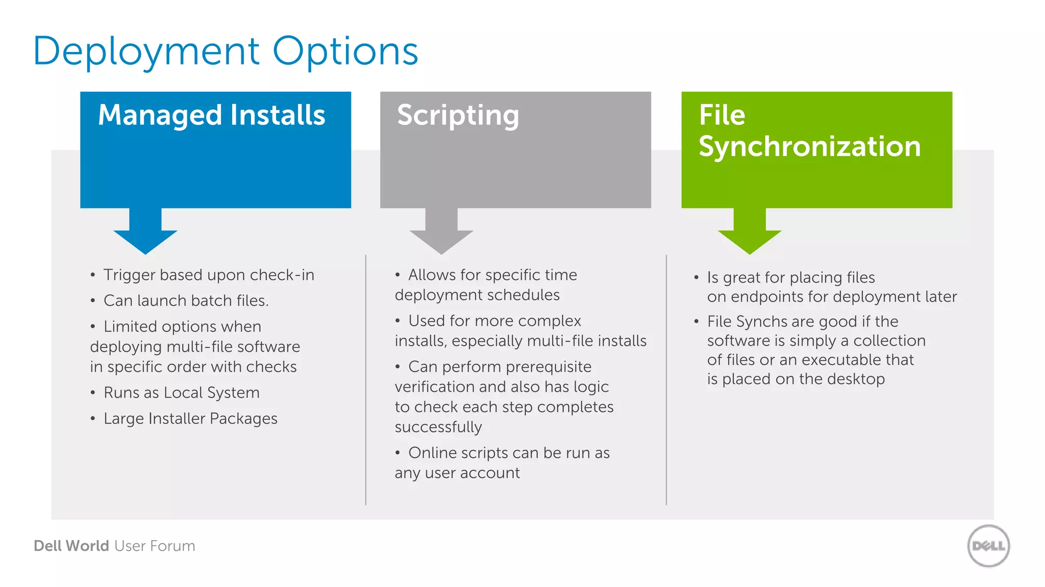 Dell World User Forum
Deployment Options
Scripting File
Synchronization
Managed Installs
• Trigger based upon check-in
• Can launch batch files.
• Limited options when
deploying multi-file software
in specific order with checks
• Runs as Local System
• Large Installer Packages
• Allows for specific time
deployment schedules
• Used for more complex
installs, especially multi-file installs
• Can perform prerequisite
verification and also has logic
to check each step completes
successfully
• Online scripts can be run as
any user account
• Is great for placing files
on endpoints for deployment later
• File Synchs are good if the
software is simply a collection
of files or an executable that
is placed on the desktop
 