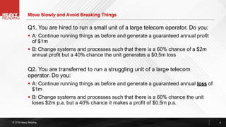 © 2019 Heavy Reading
Q1. You are hired to run a small unit of a large telecom operator. Do you:
▪ A: Continue running things as before and generate a guaranteed annual profit
of $1m
▪ B: Change systems and processes such that there is a 60% chance of a $2m
annual profit but a 40% chance the unit generates a $0.5m loss
Q2. You are transferred to run a struggling unit of a large telecom
operator. Do you:
▪ A: Continue running things as before and generate a guaranteed annual loss of
$1m
▪ B: Change systems and processes such that there is a 60% chance the unit
loses $2m p.a. but a 40% chance it makes a profit of $0.5m p.a.
Move Slowly and Avoid Breaking Things
4
 