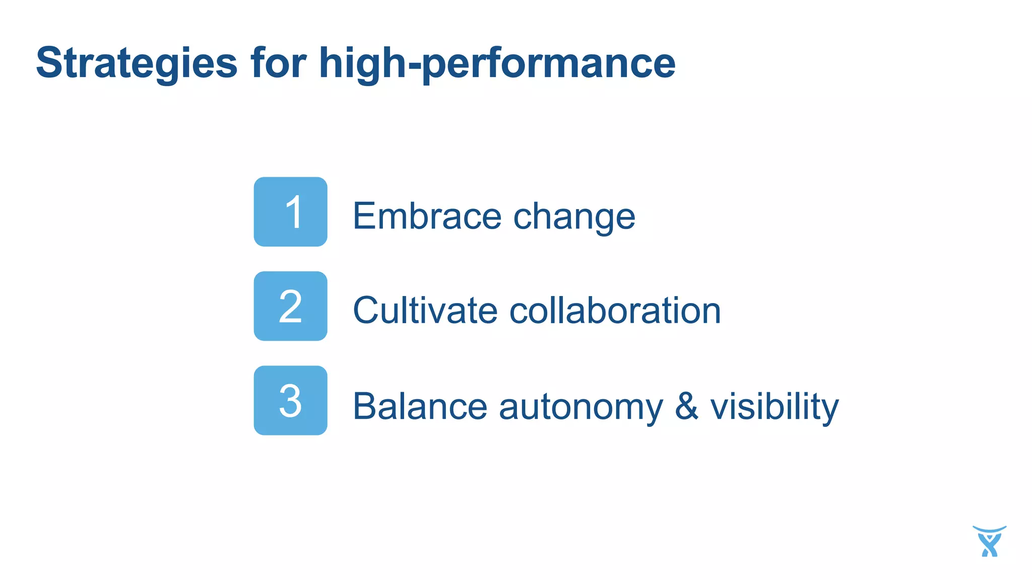 1 Embrace change
2 Cultivate collaboration
3 Balance autonomy & visibility
Strategies for high-performance
 
