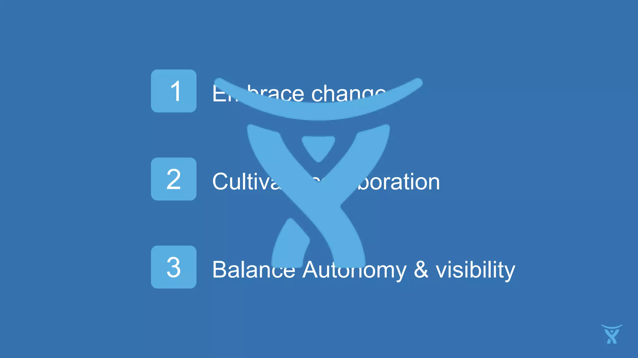 1
2
3
Embrace change
Cultivate collaboration
Balance Autonomy & visibility
 