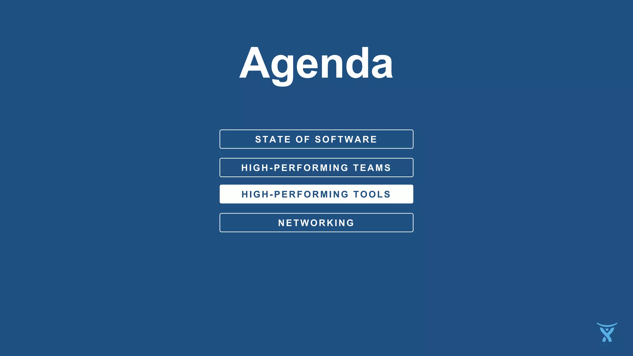 HIGH-PERFORMING TEAMS
STATE OF SOFTWARE
Agenda
NETWORKING
HIGH-PERFORMING TOOLS
 
