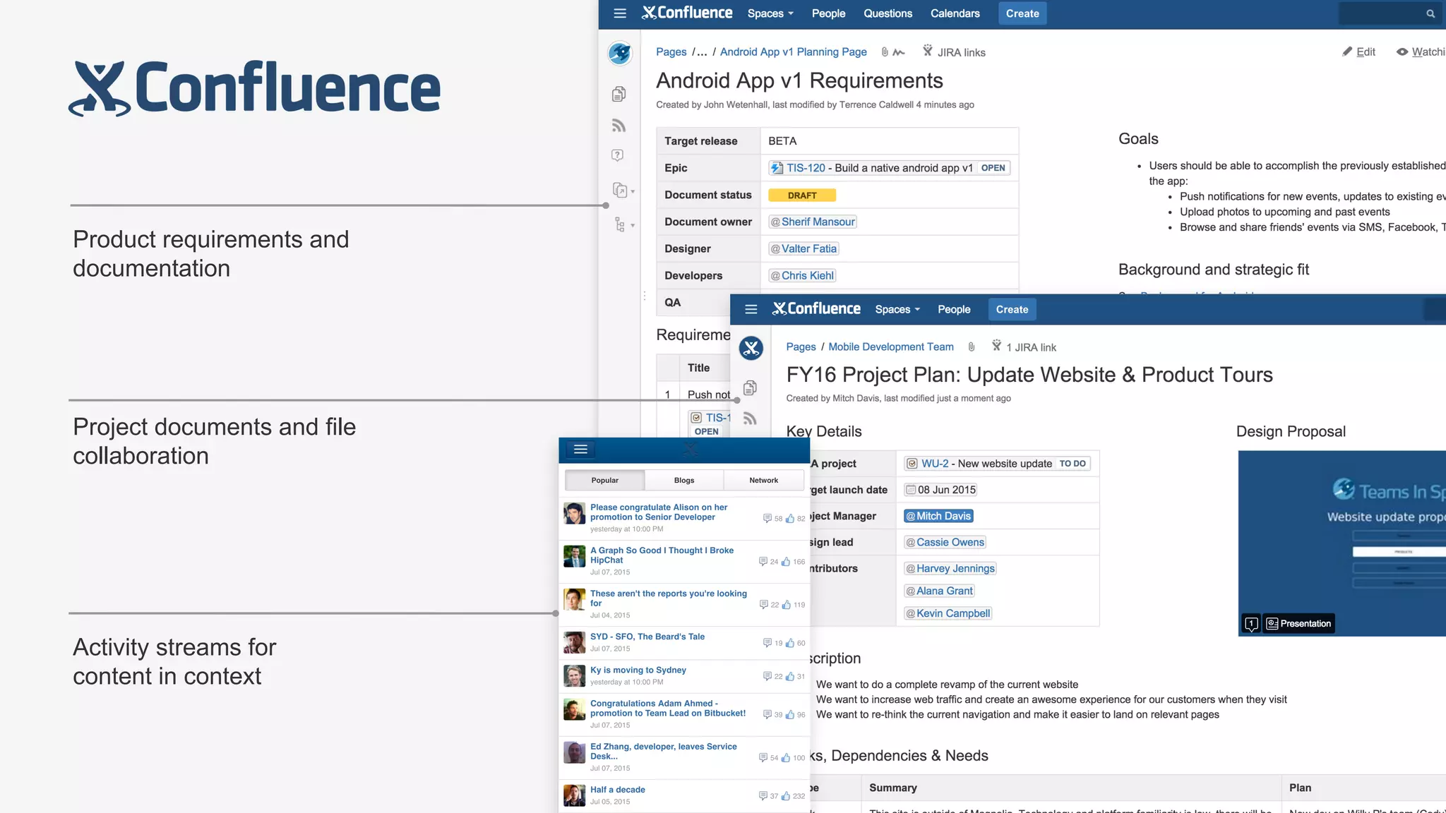 Product requirements and
documentation
Project documents and file
collaboration
Activity streams for
content in context
 