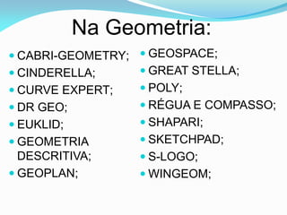 Na Geometria:
 CABRI-GEOMETRY;  GEOSPACE;
 CINDERELLA;      GREAT STELLA;
 CURVE EXPERT;    POLY;
 DR GEO;          RÉGUA E COMPASSO;
 EUKLID;          SHAPARI;
 GEOMETRIA        SKETCHPAD;
  DESCRITIVA;      S-LOGO;
 GEOPLAN;         WINGEOM;
 