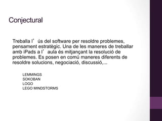 Conjectural
Treballa l’ús del software per resoldre problemes,
pensament estratègic. Una de les maneres de treballar
amb iPads a l’aula és mitjançant la resolució de
problemes. Es posen en comú maneres diferents de
resoldre solucions, negociació, discussió,...
LEMMINGS
SOKOBAN
LOGO
LEGO MINDSTORMS
 
