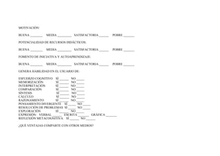 MOTIVACIÒN:

BUENA ________   MEDIA _________ SATISFACTORIA ______   POBRE _______

POTENCIALIDAD DE RECURSOS DIDÀCTICOS:

BUENA ________   MEDIA _________ SATISFACTORIA ______   POBRE _______

FOMENTO DE INICIATIVA Y AUTOAPRENDIZAJE:

BUENA ________   MEDIA _________ SATISFACTORIA ______   POBRE _______

GENERA HABILIDAD EN EL USUARIO DE:

ESFUERZO COGNITIVO SÌ ______ NO _____
MEMORIZACIÒN        SÌ ______ NO _____
INTERPRETACIÒN      SÌ ______ NO _____
COMPARACIÒN         SÌ ______ NO _____
SÌNTESIS             SÌ ______ NO _____
CÀLCULO             SÌ ______ NO _____
RAZONAMIENTO        SÌ ______ NO _____
PENSAMIENTO DIVERGENTE SÌ _____ NO _____
RESOLUCIÒN DE PROBLEMAS SÌ _____ NO _____
EXPLORACIÒN         SÌ ______ NO _____
EXPRESIÒN: VERBAL ______ ESCRITA _______ GRÀFICA _______
REFLEXIÒN METACOGNITIVA SÌ ______ NO ______

¿QUÈ VENTAJAS COMPARTE CON OTROS MEDIOS?
 