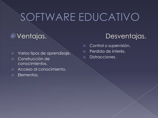  Ventajas.
                                           Desventajas.
                                  Control o supervisión.
                                  Perdida de interés.
 Varios tipos de aprendizaje.
                                  Distracciones.
 Construcción de
  conocimientos.
 Acceso al conocimiento.
 Elementos.
 