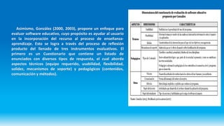 Asimismo, González (2000, 2003), propone un enfoque para
evaluar software educativo, cuyo propósito es ayudar al usuario
en la incorporación del recurso al proceso de enseñanza-
aprendizaje. Esto se logra a través del proceso de reflexión
producto del llenado de tres instrumentos evaluativos. El
primero es un Cuestionario que contiene un listado de
enunciados con diversos tipos de respuesta, el cual aborda
aspectos técnicos (equipo requerido, usabilidad, flexibilidad,
solidez, mecanismos de soporte) y pedagógicos (contenidos,
comunicación y métodos).
 
