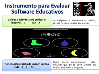 Instrumento para Evaluar
Software Educativos
Las imágenes no tienen mucha calidad,
el cual no llama mucho la atención.
Calidad y relevancia de gráficos e
imágenes: SI___ NO__X__
Posee Buena sincronización, cabe
destacar que posee buen tamaño en
cuanto a las letras e imágenes,
Tiene Sincronización de imagen-sonido-
texto: SI__X_ NO____
 