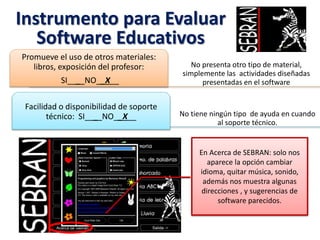 Instrumento para Evaluar
Software Educativos
No presenta otro tipo de material,
simplemente las actividades diseñadas
presentadas en el software
Promueve el uso de otros materiales:
libros, exposición del profesor:
SI___ NO__X__
No tiene ningún tipo de ayuda en cuando
al soporte técnico.
Facilidad o disponibilidad de soporte
técnico: SI___ NO__X__
En Acerca de SEBRAN: solo nos
aparece la opción cambiar
idioma, quitar música, sonido,
además nos muestra algunas
direcciones , y sugerencias de
software parecidos.
 