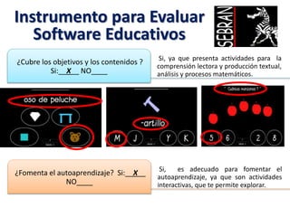 Instrumento para Evaluar
Software Educativos
Si, ya que presenta actividades para la
comprensión lectora y producción textual,
análisis y procesos matemáticos.
¿Cubre los objetivos y los contenidos ?
Si:__X__ NO____
Si, es adecuado para fomentar el
autoaprendizaje, ya que son actividades
interactivas, que te permite explorar.
¿Fomenta el autoaprendizaje? Si:__X__
NO____
 