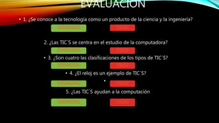 EVALUACIÓN
• 1. ¿Se conoce a la tecnología como un producto de la ciencia y la ingeniería?
2. ¿Las TIC´S se centra en el estudio de la computadora?
• 3. ¿Son cuatro las clasificaciones de los tipos de TIC´S?
• 4. ¿El reloj es un ejemplo de TIC´S?
•
5. ¿Las TIC´S ayudan a la computación
VERDADERO FALSO
VERDADERO
VERDADERO
FALSO
FALSO
VERDADERO FALSO
VERDADERO FALSO
 