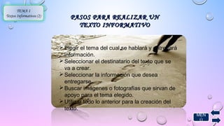 MEN 
Ú 
TEMA 1 
Textos Informativos (2) PASOS PPAARRAA RREEAALLIIZZAARR UUNN 
TTEEXXTTOO IINNFFOORRMMAATTIIVVOO 
Elegir el tema del cual se hablará y entregará 
información. 
Seleccionar el destinatario del texto que se 
va a crear. 
Seleccionar la información que desea 
entregarse. 
Buscar imágenes o fotografías que sirvan de 
apoyo para el tema elegido. 
Utilizar todo lo anterior para la creación del 
texto. 
 