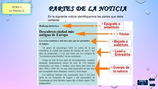 MEN 
Ú 
TEMA 3 
La Noticia (2) PPAARRTTEESS DDEE LLAA NNOOTTIICCIIAA 
En la siguiente noticia identifiquemos las partes que debe 
contener 
 