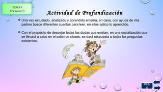 MEN 
Ú 
TEMA 4 
El Cuento (5) Actividad ddee PPrrooffuunnddiizzaacciióónn 
Una vez estudiado, analizado y aprendido el tema, en casa, con ayuda de mis 
padres busco diferentes cuentos para leer, en ellos aplico lo aprendido. 
Con el propósito de despejar todas las dudas que existan, en una socialización que 
se llevará a cabo en el salón de clases, se dará respuesta a todas las preguntas 
existentes. 
 