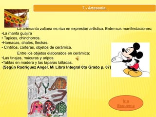 7.- Artesanía.
Ir a
Esquema
La artesanía zuliana es rica en expresión artística. Entre sus manifestaciones:
•La manta guajira
• Tapices, chinchorros.
•Hamacas, chales, flechas.
• Cintillos, carteras, objetos de cerámica.
Entre los objetos elaborados en cerámica:
•Las tinajas, múcuras y aripos.
•Tablas en madera y las taparas talladas.
(Según Rodríguez Angel, Mi Libro Integral 6to Grado p. 87)
 
