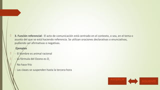  3. Función referencial: El acto de comunicación está centrado en el contexto, o sea, en el tema o 
asunto del que se está haciendo referencia. Se utilizan oraciones declarativas o enunciativas, 
pudiendo ser afirmativas o negativas. 
Ejemplos 
 - El hombre es animal racional 
 - La fórmula del Ozono es O3 
 - No hace frío 
 - Las clases se suspenden hasta la tercera hora 
ANTERIOR SIGUIENTE 
 