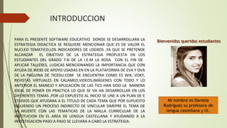 INTRODUCCION 
PARA EL PRESENTE SOFTWARE EDUCATIVO DONDE SE DESARROLLARA LA 
ESTRATEGIA DIDACTICA SE REQUIERE MENCIONAR QUE ES DE VALOR EL 
NUCLEO TEMATICO,LOS INDICADORES DE LOGROS ,YA QUE SE PRETENDE 
ALCANZAR EL OBJETIVO DE LA ESTRATEGIA PROPUESTA EN LOS 
ESTUDIANTES DEL GRADO 7-B DE LA I.E.M LA ROSA CON EL FIN DE 
APLICAR TALLERES, LUDICAS MENCIONANDO LA IMPORTANCIA QUE CON 
AYUDA DE WEBS DE APOYO USADAS EN EN LA PLATAFORMA DE EVA Y OVA 
DE LA PAGUINA DE TICEDU.COM SE ENCUENTRA COMO ES WIX, VOKY, 
REVISTAS VIRTUALES EN CALAMEO,VIDEOS,IMÁGENES CON TODO Y LO 
ANTERIOR EL MANEJO Y APLICACIÓN DE LAS TICS HAN SIDO LA MANERA 
IDEAL DE PONER EN PRACTICA LO QUE SE VA HA DESARROLLAR EN LOS 
DIFERENTES TEMAS ,POR LO EXPUESTO AL INICIO SE UNE A UN PLAN DE E 
STUDIOS QUE AYUDARA A EL TITULO DE CADA TEMA QUE POR SUPUESTO 
SIGUIENDO UN PROCESO INDIRECTO DE VINCULAR SIMEPRE EL TEMA DE 
LA MUERTE CON LAS TEMATICAS DE LA MALLA CURRICULAR DE LA 
INSTITUCION EN EL AREA DE LENGUA CASTELLANA Y AYUDANDO A LA 
INVESTIGACION PASO A PASO SE LLEVARA A CABO LA ESTRATEGIA. 
Bienvenidos queridos eessttuuddiiaanntteess 
Mi nombre es Daniela 
Rodriguez su profesora de 
lengua castellana y lit. 
 
