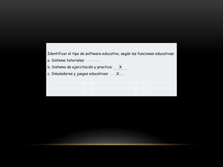 Identificar el tipo de software educativo, según las funciones educativas:
a. Sistema tutoriales:
b. Sistema de ejercitación y practica: X
c. Simuladores y juegos educativos: X
 