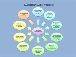 CARACTERÍSTICAS DEL PREDISEÑO

                            Constituyen el
                             primer guión
       Se fundamenta        del programa.
                                              Elaborado
            en la                            generalmente
         pedagogía                             por una
                                               persona.



                                                          Se emplea la
  Estimula la                                                 técnica
curiosidad y la                                           brainstorming
    fantasía                                                  para su
                                                           elaboración.

                              PREDISEÑO
                           CARACTERÍSTICAS



                                                          Los contenidos
Provee errores                                           son organizados
en su ejecución                                           y jerarquizados
                                                         en forma lógica.




      Las actividades                              Posee un
      planteadas son                               carácter
        interactivas                           interdisciplinario
                            Desarrolla las
                            capacidades
                            cognitivas en
                              general
 