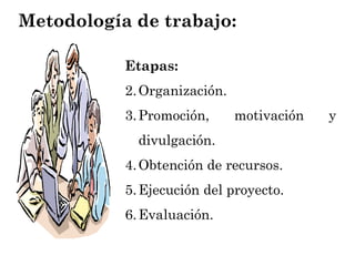 Etapas: Organización. Promoción, motivación y divulgación. Obtención de recursos. Ejecución del proyecto. Evaluación. Metodología de trabajo: 