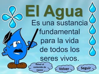 El Agua
SeguirVolver
Es una sustancia
fundamental
para la vida
de todos los
seres vivos.
Volver al
contenido de
repaso
 