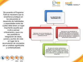 De acuerdo al Programa
FpN es necesario que la
enseñanza prodigue en
los educandos el
desarrollo de habilidades
y capacidades entre las
cuales debe tener un lugar
importante aquella que
invite a pensar
críticamente y que a su
vez posibilite la
integración de ideas,
juicios y puntos de vista
en lugar de la
acumulación de conceptos
sin un análisis significante
y contextualizado.
EL OBJETIVO DEL
PROGRAMA FPN
Mantener viva en los discentes una
actitud crítica, creativa, investigativa y
cuidadosa del otro
Estimular en los estudiantes su
pensamiento creativo, al igual que el
permitir el desarrollo de su capacidad
para encontrar sentido en la experiencia
que les permita descubrir y proyectar un
pensamiento autocorrectivo
Se apoya de ciertas mediaciones y
estrategias como desarrollar en el niño su
capacidad de razonar (extraer inferencias de
distinto tipo, clasificar y categorizar, trabajar
con la coherencia y la contradicción, formular
preguntas)
 