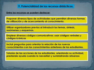 Tutorías de las acciones de los estudiantes, orientando su actividad, prestando ayuda cuando lo necesitan y suministrando refuerzos 9. Potencialidad de los recursos didácticos. Entre los recursos se pueden destacar: Proponer diversos tipos de actividades que permitan diversas formas de utilización y de acercamiento al conocimiento. Utilizar organizadores previos al introducir los temas, síntesis, resúmenes y esquemas. Emplear diversos códigos comunicativos: usar códigos verbales y códigos icónicos Incluir preguntas para orientar la relación de los nuevos conocimientos con los conocimientos anteriores de los estudiantes. 