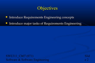 Objectives


Introduce Requirements Engineering concepts



Introduce major tasks of Requirements Engineering

SWE311_Ch07 (071)
Software & Software Engineering

Slid
e2

 