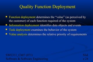 Quality Function Deployment






Function deployment determines the “value” (as perceived by
the customer) of each function required of the system
Information deployment identifies data objects and events
Task deployment examines the behavior of the system
Value analysis determines the relative priority of requirements

SWE311_Ch07 (071)
Software & Software Engineering

Slid
e 24

 