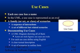 Use Cases




Each use case has a name
In the UML, a use case is represented as an oval
A family (or set, or class) of scenarios





A sequence of interactions
A set of different but related scenarios

Documenting Use Cases


A UML Diagram showing all of them






Actors are stick-figures; use cases are ovals

For each use case define using English
A clear textual description
A set of scenarios in outline form

SWE311_Ch07 (071)
Software & Software Engineering

Slid
e 32

 