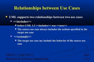 Relationships between Use Cases


UML supports two relationships between two use cases
 <<includes>>





before UML 1.3 <<includes>> was <<uses>>
The source use case always includes the actions specified in the
target use case

<<extends>>


The target use case my include the behavior of the source use
case

SWE311_Ch07 (071)
Software & Software Engineering

Slid
e 33

 