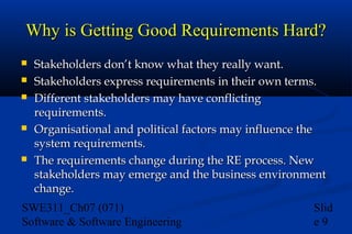 Why is Getting Good Requirements Hard?








Stakeholders don’t know what they really want.
Stakeholders express requirements in their own terms.
Different stakeholders may have conflicting
requirements.
Organisational and political factors may influence the
system requirements.
The requirements change during the RE process. New
stakeholders may emerge and the business environment
change.

SWE311_Ch07 (071)
Software & Software Engineering

Slid
e9

 