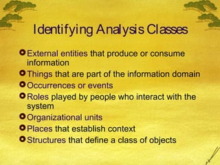 Identifying Analysis Classes
 External entities that produce or consume
information
 Things that are part of the information domain
 Occurrences or events
 Roles played by people who interact with the
system
 Organizational units
 Places that establish context
 Structures that define a class of objects

 
