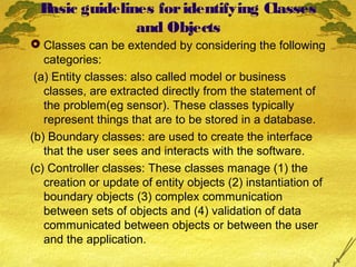 B
asic guidelines for identifying Classes
and Objects
 Classes can be extended by considering the following
categories:
(a) Entity classes: also called model or business
classes, are extracted directly from the statement of
the problem(eg sensor). These classes typically
represent things that are to be stored in a database.
(b) Boundary classes: are used to create the interface
that the user sees and interacts with the software.
(c) Controller classes: These classes manage (1) the
creation or update of entity objects (2) instantiation of
boundary objects (3) complex communication
between sets of objects and (4) validation of data
communicated between objects or between the user
and the application.

 