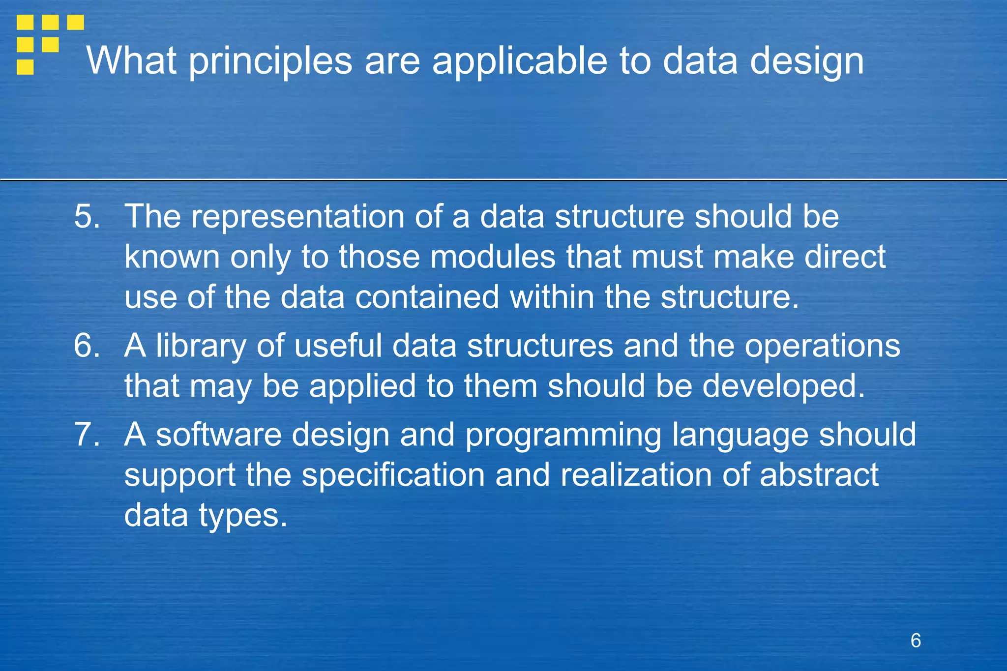 What principles are applicable to data design

5. The representation of a data structure should be
known only to those modules that must make direct
use of the data contained within the structure.
6. A library of useful data structures and the operations
that may be applied to them should be developed.
7. A software design and programming language should
support the specification and realization of abstract
data types.

6

 