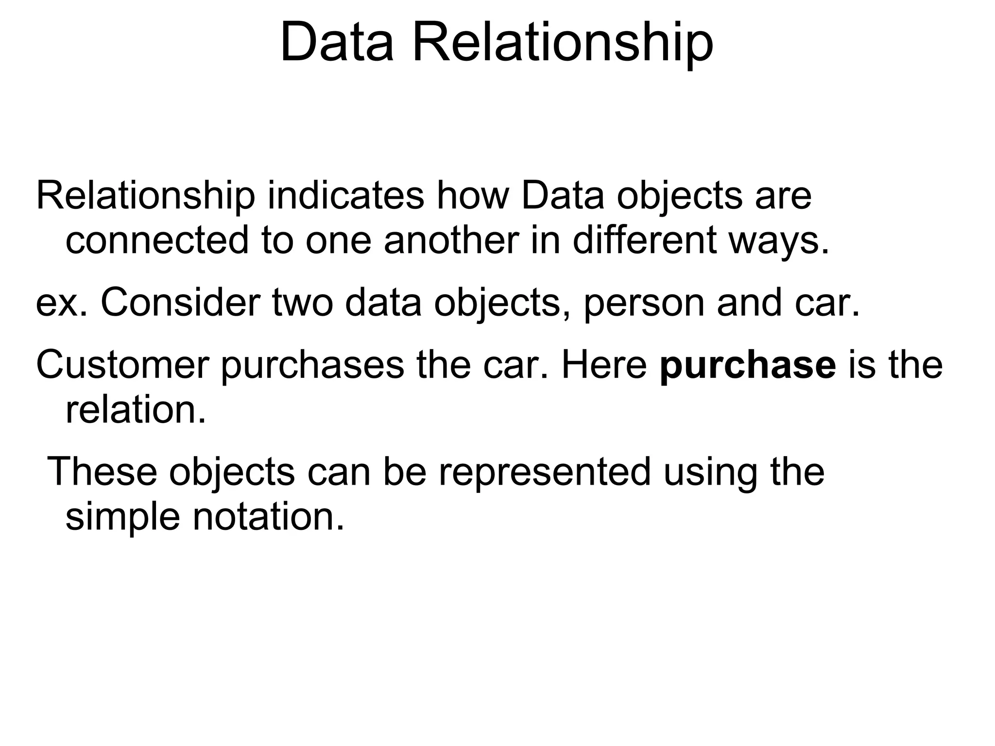 Data Relationship
Relationship indicates how Data objects are
connected to one another in different ways.
ex. Consider two data objects, person and car.
Customer purchases the car. Here purchase is the
relation.
These objects can be represented using the
simple notation.
 
