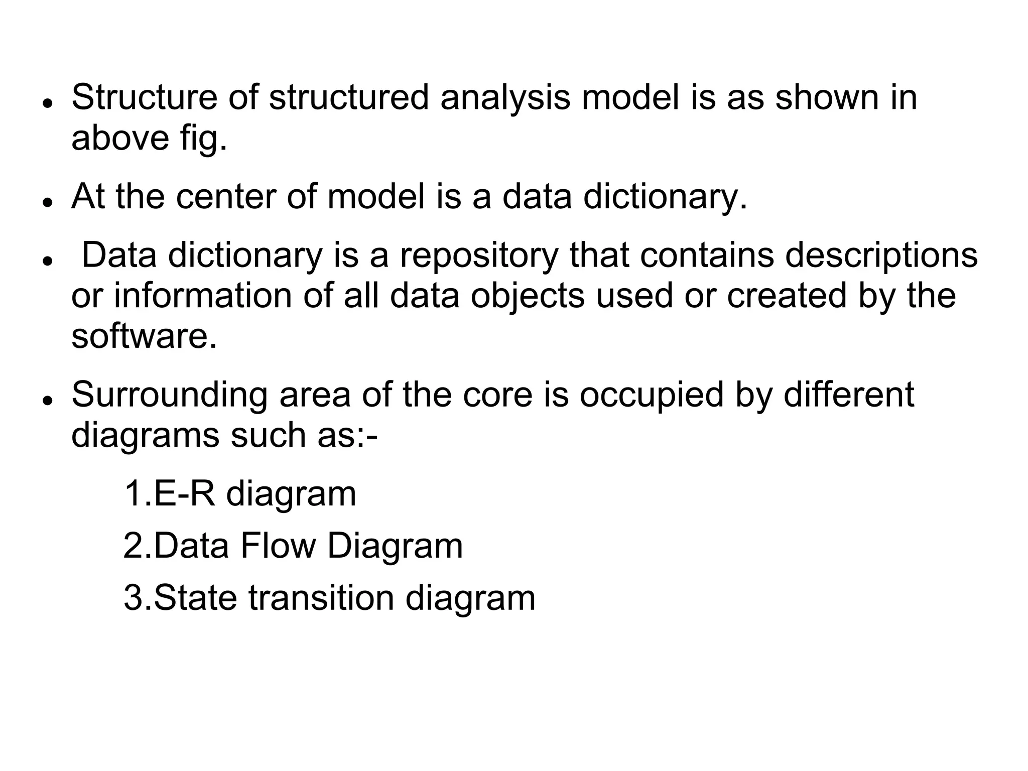  Structure of structured analysis model is as shown in
above fig.
 At the center of model is a data dictionary.
 Data dictionary is a repository that contains descriptions
or information of all data objects used or created by the
software.
 Surrounding area of the core is occupied by different
diagrams such as:-
1.E-R diagram
2.Data Flow Diagram
3.State transition diagram
 