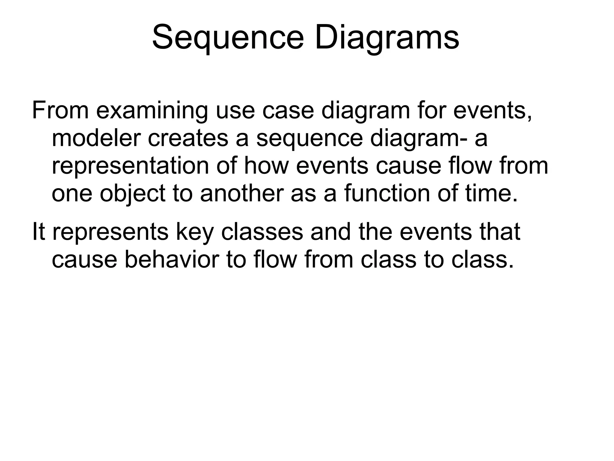 Sequence Diagrams
From examining use case diagram for events,
modeler creates a sequence diagram- a
representation of how events cause flow from
one object to another as a function of time.
It represents key classes and the events that
cause behavior to flow from class to class.
 