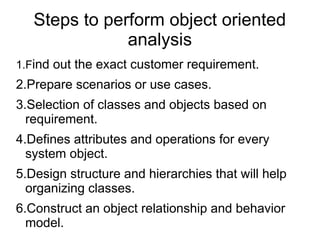 Steps to perform object oriented
analysis
1.Find out the exact customer requirement.
2.Prepare scenarios or use cases.
3.Selection of classes and objects based on
requirement.
4.Defines attributes and operations for every
system object.
5.Design structure and hierarchies that will help
organizing classes.
6.Construct an object relationship and behavior
model.
 
