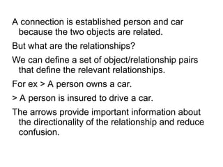 A connection is established person and car
because the two objects are related.
But what are the relationships?
We can define a set of object/relationship pairs
that define the relevant relationships.
For ex > A person owns a car.
> A person is insured to drive a car.
The arrows provide important information about
the directionality of the relationship and reduce
confusion.
 