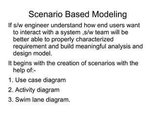 Scenario Based Modeling
If s/w engineer understand how end users want
to interact with a system ,s/w team will be
better able to properly characterized
requirement and build meaningful analysis and
design model.
It begins with the creation of scenarios with the
help of:-
1. Use case diagram
2. Activity diagram
3. Swim lane diagram.
 