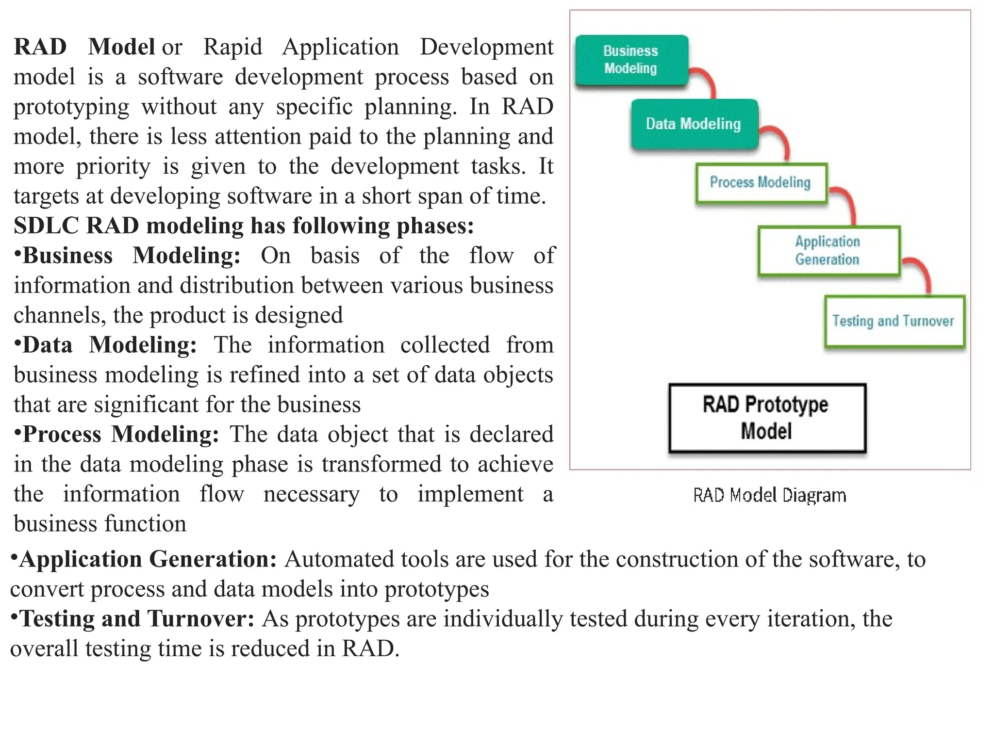 RAD Model or Rapid Application Development
model is a software development process based on
prototyping without any specific planning. In RAD
model, there is less attention paid to the planning and
more priority is given to the development tasks. It
targets at developing software in a short span of time.
SDLC RAD modeling has following phases:
•Business Modeling: On basis of the flow of
information and distribution between various business
channels, the product is designed
•Data Modeling: The information collected from
business modeling is refined into a set of data objects
that are significant for the business
•Process Modeling: The data object that is declared
in the data modeling phase is transformed to achieve
the information flow necessary to implement a
business function
•Application Generation: Automated tools are used for the construction of the software, to
convert process and data models into prototypes
•Testing and Turnover: As prototypes are individually tested during every iteration, the
overall testing time is reduced in RAD.
 