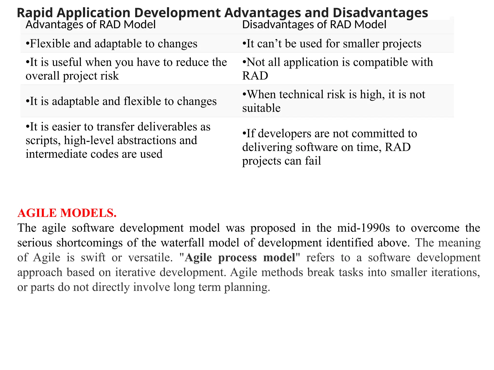 Advantages of RAD Model Disadvantages of RAD Model
•Flexible and adaptable to changes •It can’t be used for smaller projects
•It is useful when you have to reduce the
overall project risk
•Not all application is compatible with
RAD
•It is adaptable and flexible to changes
•When technical risk is high, it is not
suitable
•It is easier to transfer deliverables as
scripts, high-level abstractions and
intermediate codes are used
•If developers are not committed to
delivering software on time, RAD
projects can fail
Rapid Application Development Advantages and Disadvantages
AGILE MODELS.
The agile software development model was proposed in the mid-1990s to overcome the
serious shortcomings of the waterfall model of development identified above. The meaning
of Agile is swift or versatile. "Agile process model" refers to a software development
approach based on iterative development. Agile methods break tasks into smaller iterations,
or parts do not directly involve long term planning.
 