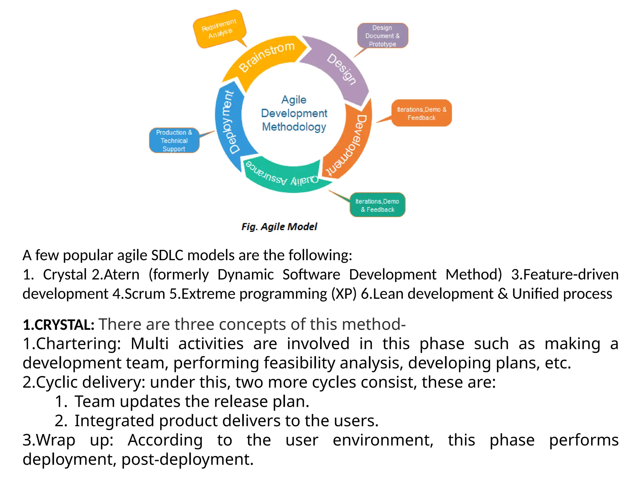 A few popular agile SDLC models are the following:
1. Crystal 2.Atern (formerly Dynamic Software Development Method) 3.Feature-driven
development 4.Scrum 5.Extreme programming (XP) 6.Lean development & Unified process
1.CRYSTAL: There are three concepts of this method-
1.Chartering: Multi activities are involved in this phase such as making a
development team, performing feasibility analysis, developing plans, etc.
2.Cyclic delivery: under this, two more cycles consist, these are:
1. Team updates the release plan.
2. Integrated product delivers to the users.
3.Wrap up: According to the user environment, this phase performs
deployment, post-deployment.
 