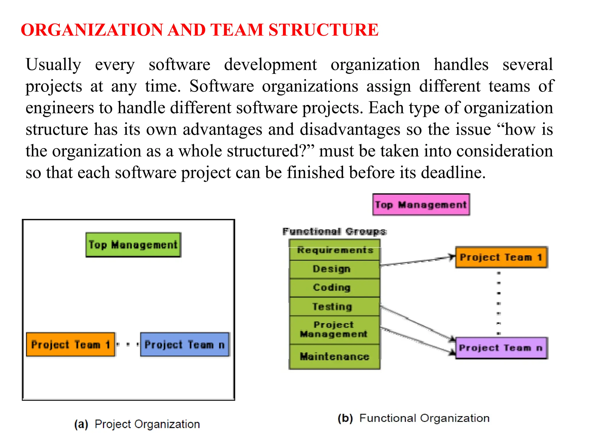 ORGANIZATION AND TEAM STRUCTURE
Usually every software development organization handles several
projects at any time. Software organizations assign different teams of
engineers to handle different software projects. Each type of organization
structure has its own advantages and disadvantages so the issue “how is
the organization as a whole structured?” must be taken into consideration
so that each software project can be finished before its deadline.
 